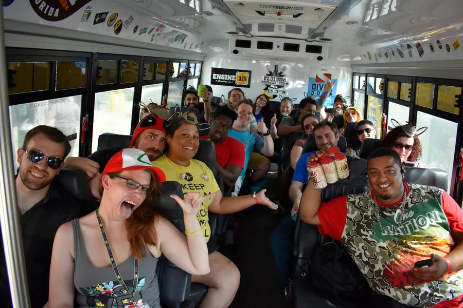 A busload of NerdBrew members heading out to an event together